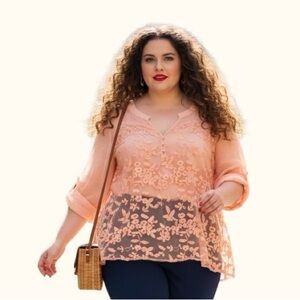 SHEIN 3XL Peach Pink Floral Embroidered Popover Blouse Boho Tunic High Low